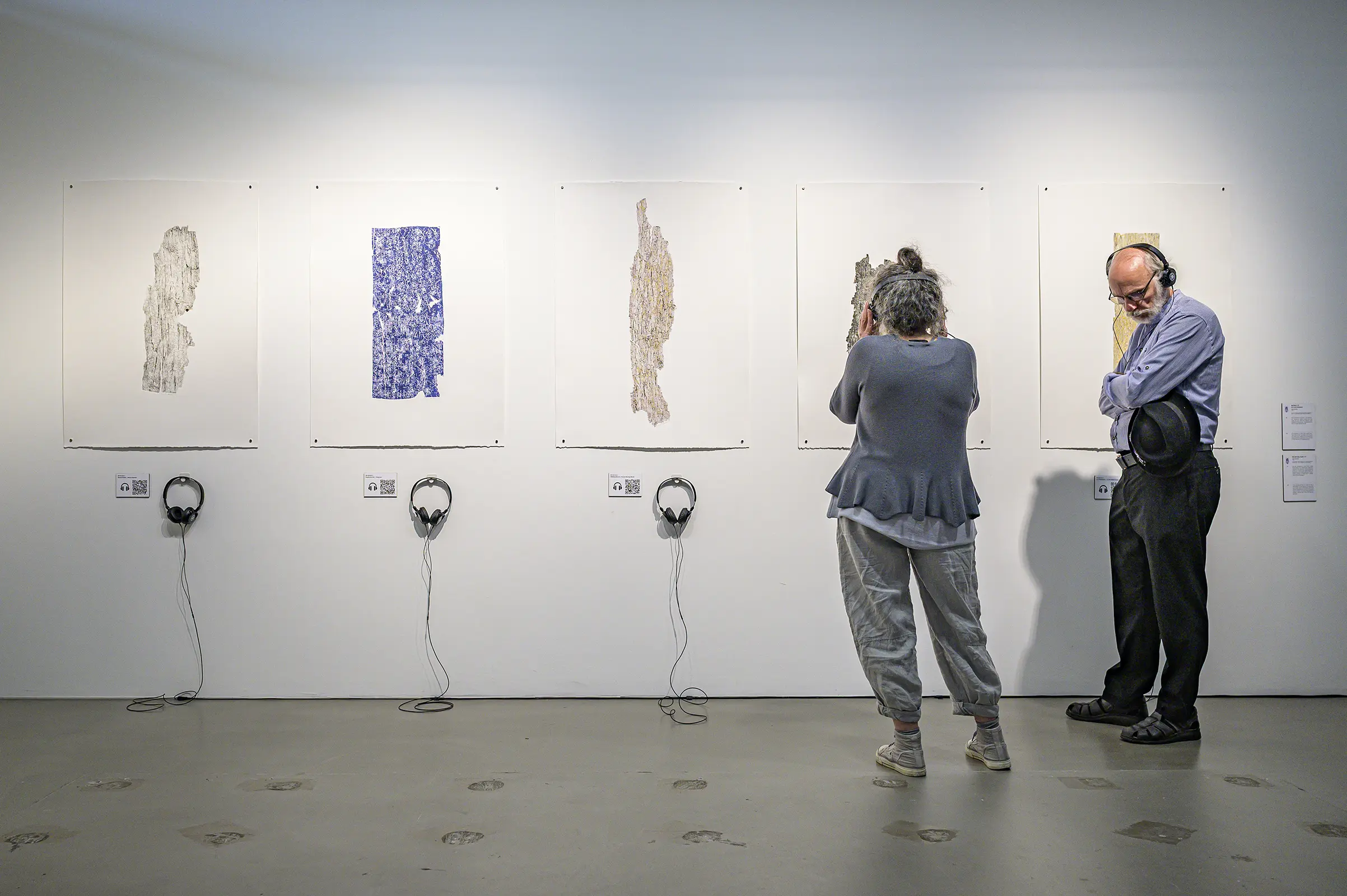 Front view of all five prints with headphones; visitors listening in the exhibition Symbiotic Wood.