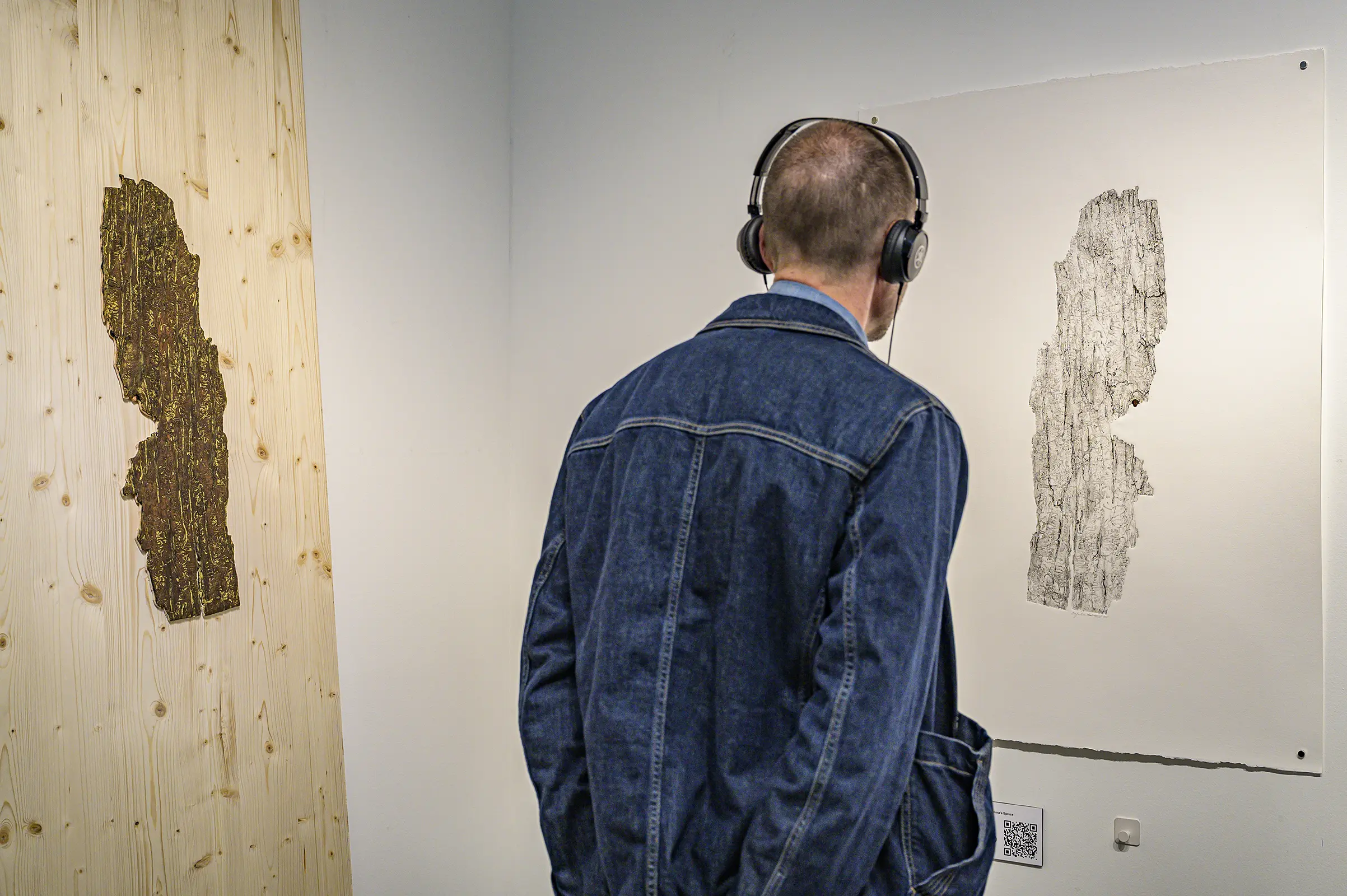 Visitor listening with headphones while looking at the first print.