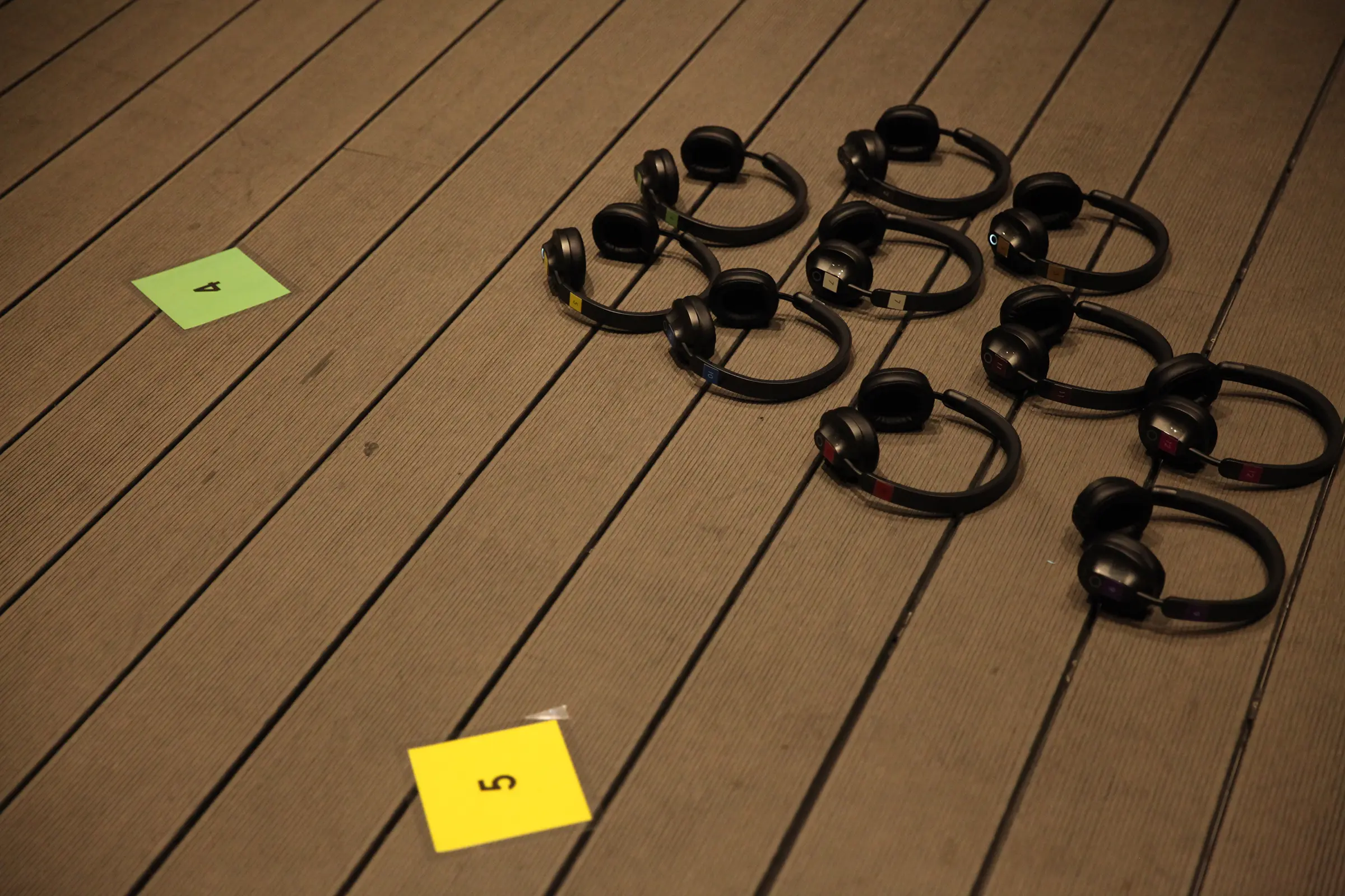 Headphone setup for participants and performers during preparation.